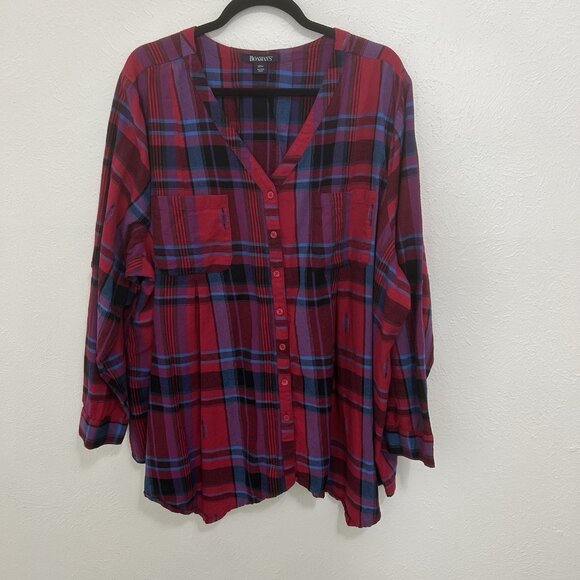 Roaman's Button Up Shirt Tunic Plaid V Necks Sz 28 Asymmetrical Hem Retro Grunge - Picture 1 of 9